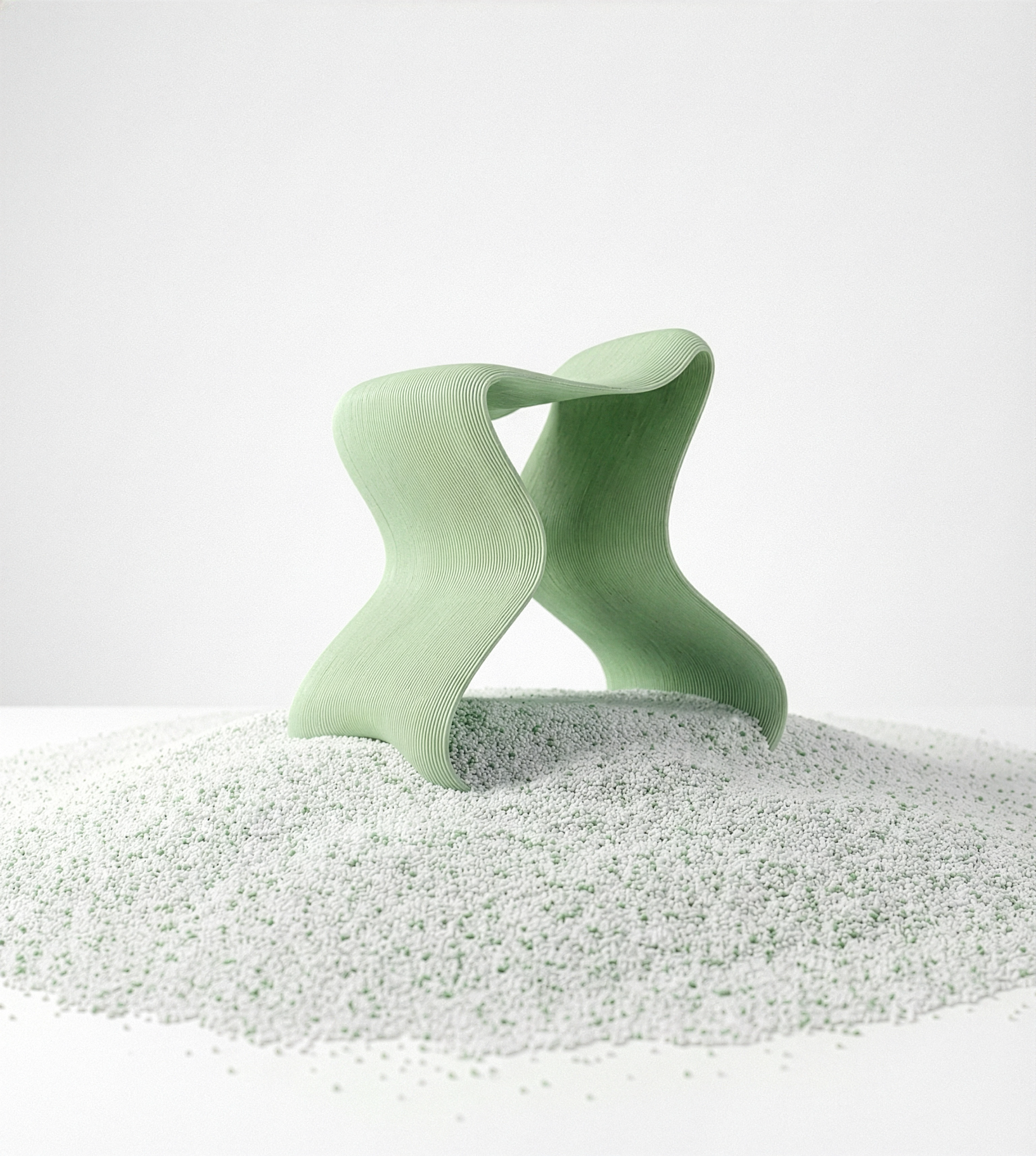Mint green Flow Chair sitting on a pile of recycled raw material granules. A sustainable 3D printed stool demonstrating zero waste production. Ein innovatives Designer Möbelstück und ergonomischer Hocker aus Hamburg by BOLDOBJECTS.DE